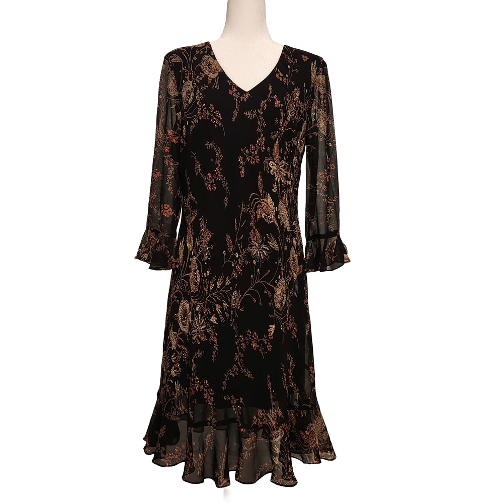 Chic Black, V-neck, Floral Chiffon Layered Long Sleeve Dress
